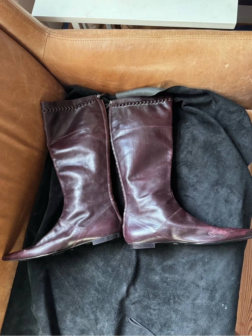 Alberta Ferretti Tall Leather knee high Boots deep purple maroon pointed toe